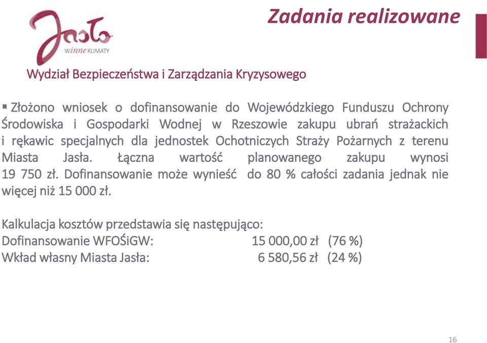 Miasta Jasła. Łączna wartośd planowanego zakupu wynosi 19 750 zł.