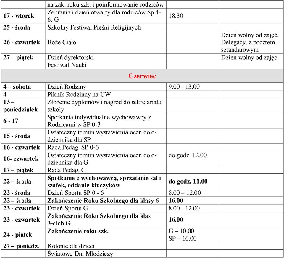 Delegacja z pocztem sztandarowym 27 piątek Dzień dyrektorski Dzień wolny od zajęć Festiwal Nauki Czerwiec 4 sobota Dzień Rodziny 9.00-13.