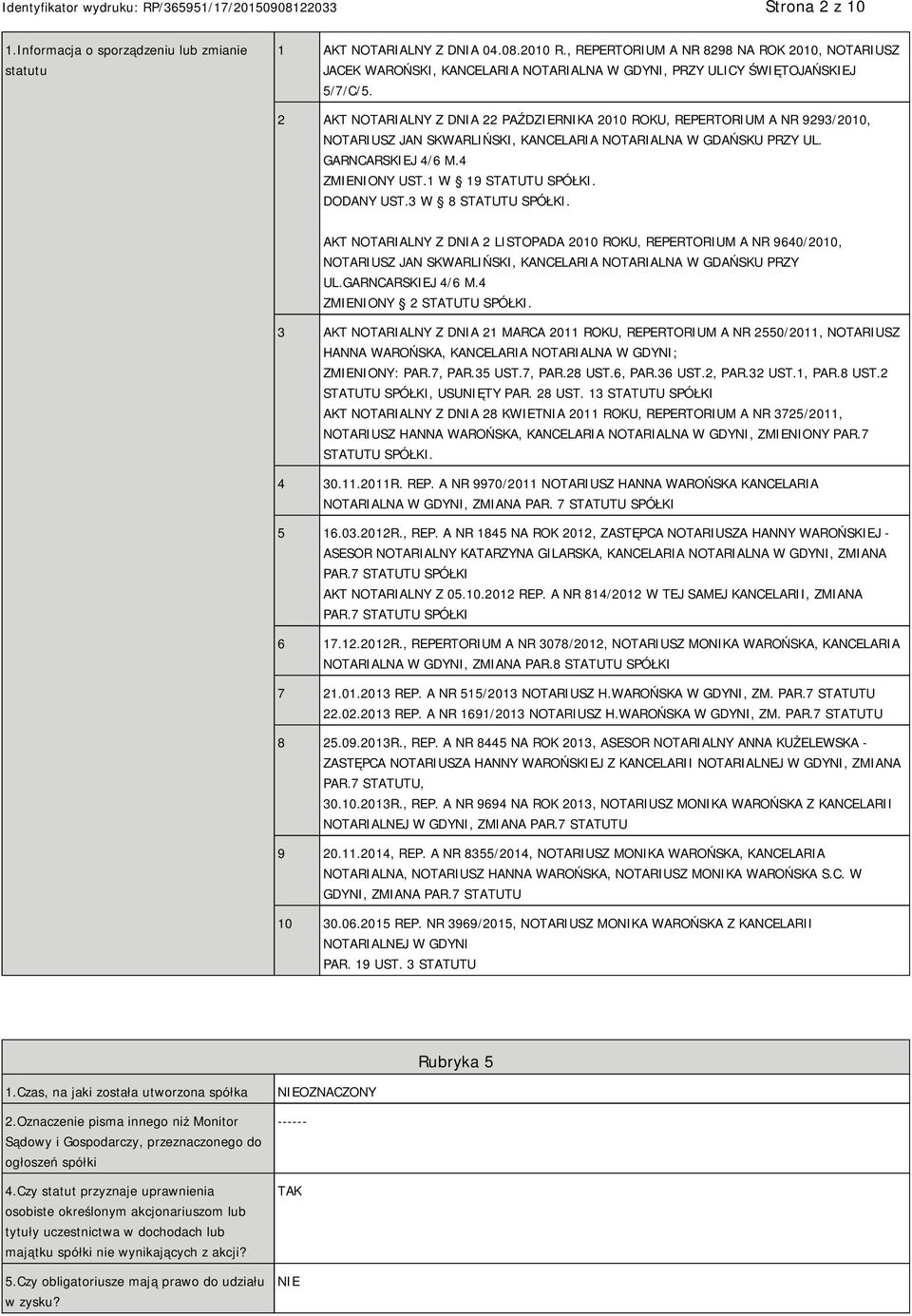 2 AKT NOTARIALNY Z DNIA 22 PAŹDZIERNIKA 2010 ROKU, REPERTORIUM A NR 9293/2010, NOTARIUSZ JAN SKWARLIŃSKI, KANCELARIA NOTARIALNA W GDAŃSKU PRZY UL. GARNCARSKIEJ 4/6 M.4 ZMIENIONY UST.