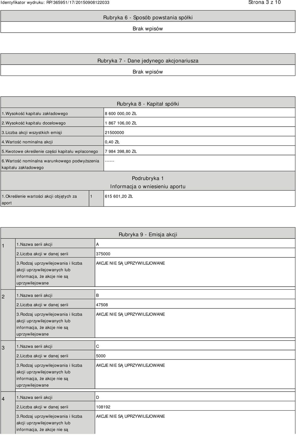 Wartość nominalna warunkowego podwyższenia kapitału zakładowego 0,40 ZŁ 7 984 398,80 ZŁ ------ Podrubryka 1 Informacja o wniesieniu aportu 1.