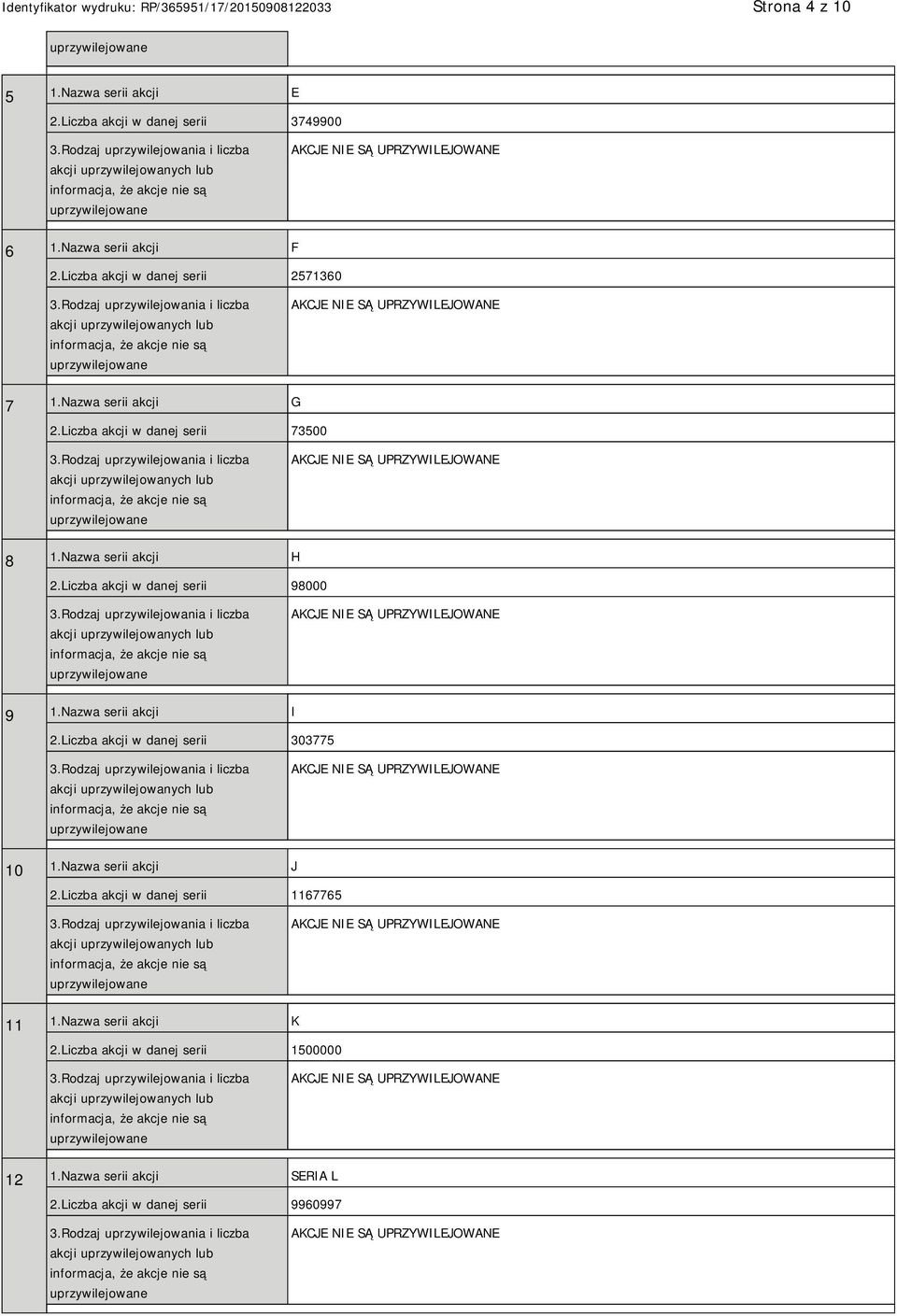 Liczba akcji w danej serii 98000 9 1.Nazwa serii akcji I 2.Liczba akcji w danej serii 303775 10 1.Nazwa serii akcji J 2.