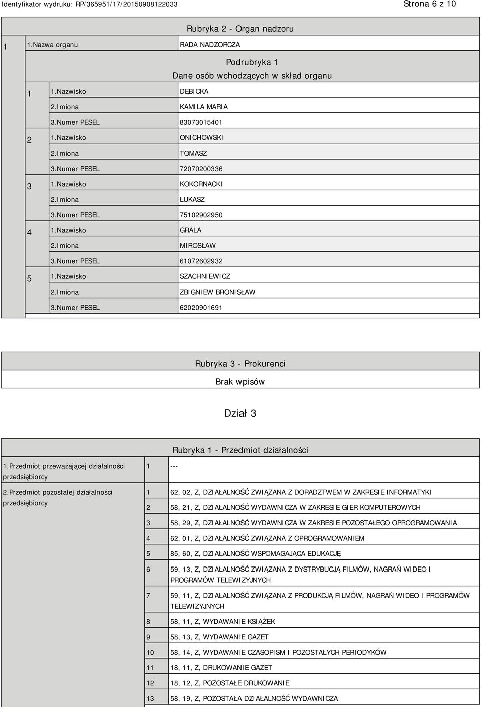 Nazwisko SZACHWICZ ZBIGW BRONISŁAW 3.Numer PESEL 62020901691 Rubryka 3 - Prokurenci Dział 3 Rubryka 1 - Przedmiot działalności 1.Przedmiot przeważającej działalności przedsiębiorcy 2.