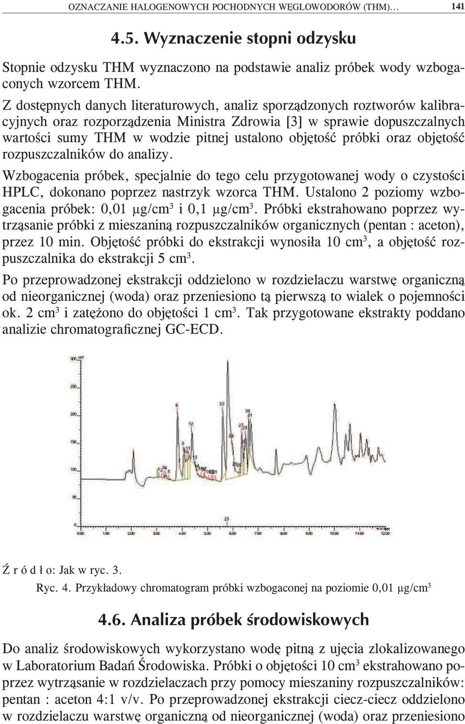 próbki oraz objętość rozpuszczalników do analizy. Wzbogacenia próbek, specjalnie do tego celu przygotowanej wody o czystości HPLC, dokonano poprzez nastrzyk wzorca THM.