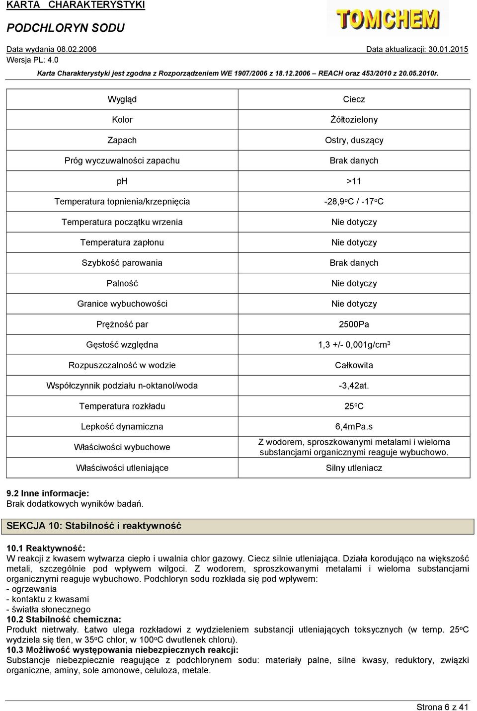 Współczynnik podziału n-oktanol/woda Temperatura rozkładu Lepkość dynamiczna Właściwości wybuchowe Właściwości utleniające Całkowita -3,42at. 25 o C 6,4mPa.