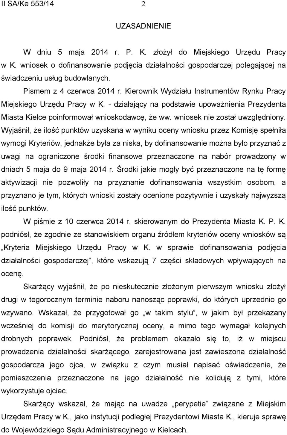 Kierownik Wydziału Instrumentów Rynku Pracy Miejskiego Urzędu Pracy w K. - działający na podstawie upoważnienia Prezydenta Miasta Kielce poinformował wnioskodawcę, że ww.