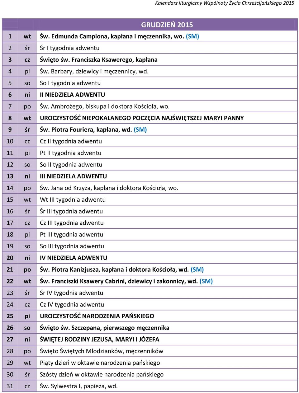 Piotra Fouriera, kapłana, wd. (SM) 10 cz Cz II tygodnia adwentu 11 pi Pt II tygodnia adwentu 12 so So II tygodnia adwentu 13 ni III NIEDZIELA ADWENTU 14 po Św.