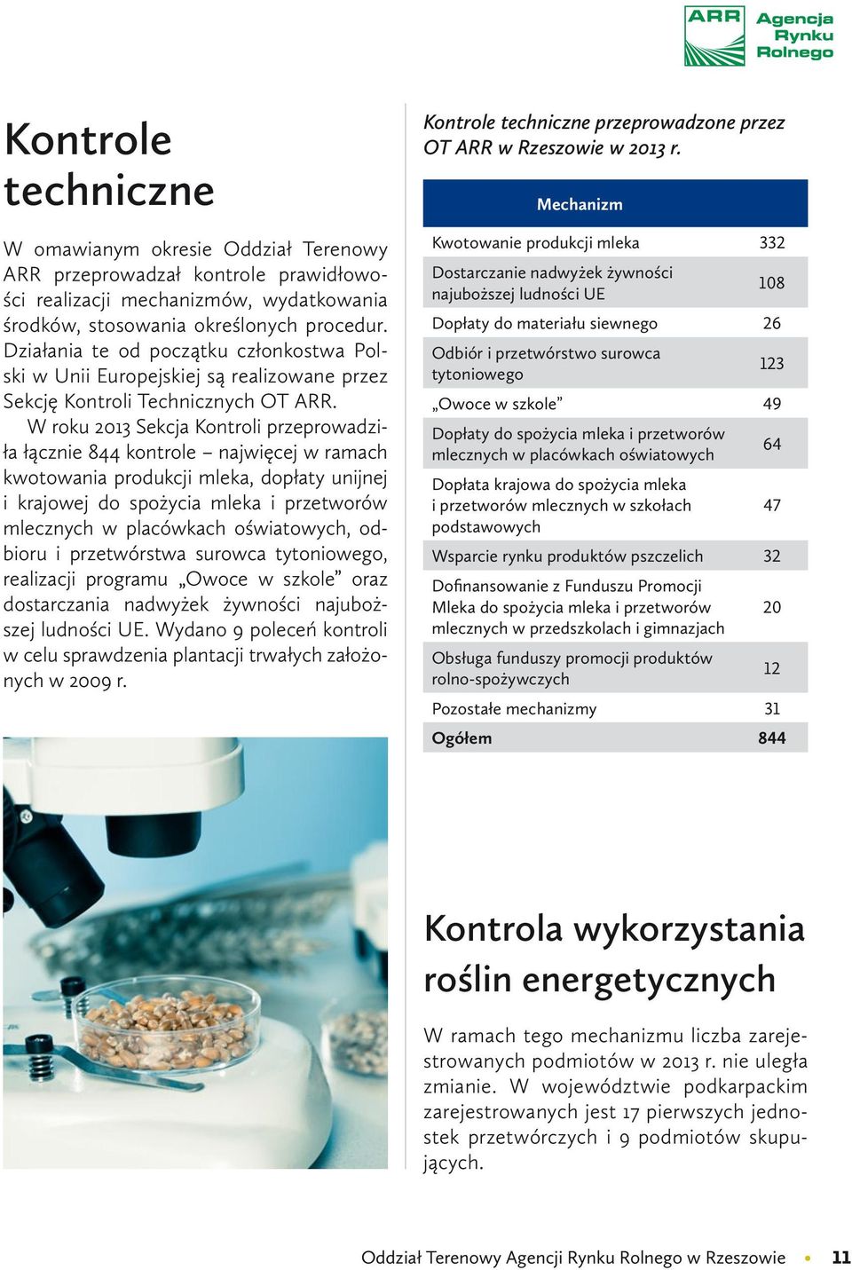 W roku 2013 Sekcja Kontroli przeprowadziła łącznie 844 kontrole najwięcej w ramach kwotowania produkcji mleka, dopłaty unijnej i krajowej do spożycia mleka i przetworów mlecznych w placówkach