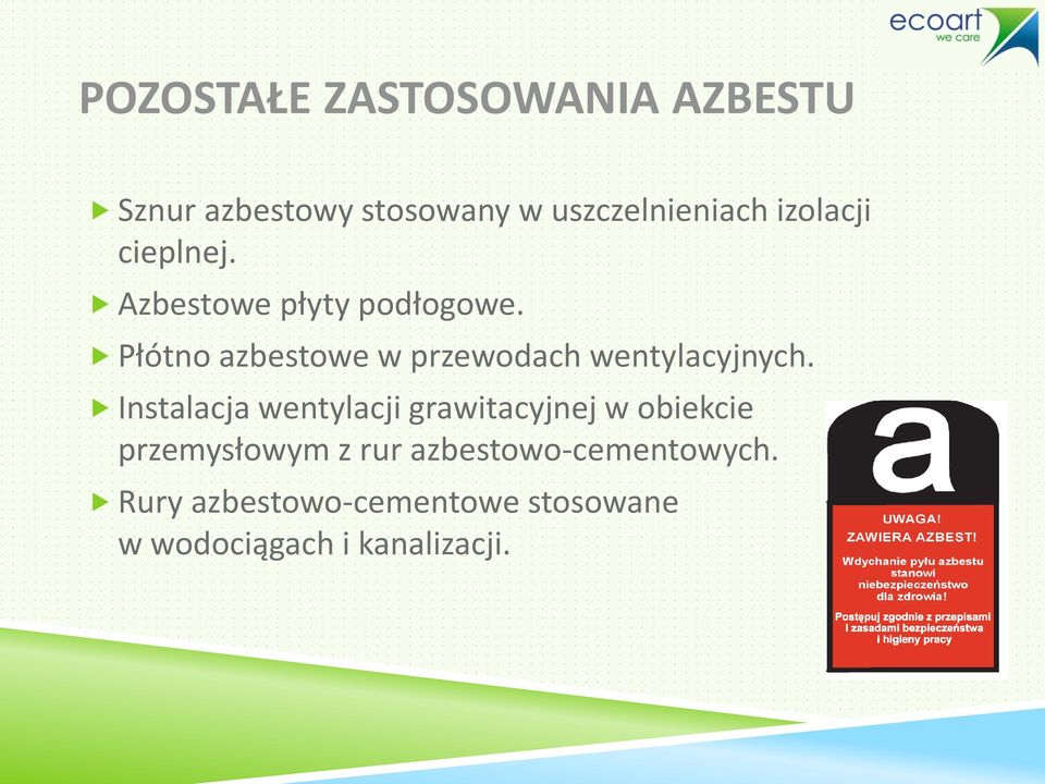 Płótno azbestowe w przewodach wentylacyjnych.