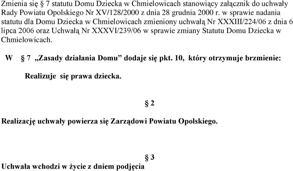 w sprawie nadania statutu dla Domu Dziecka w Chmielowicach zmieniony uchwałą Nr XXXIII/224/06 z dnia 6 lipca 2006 oraz Uchwałą Nr