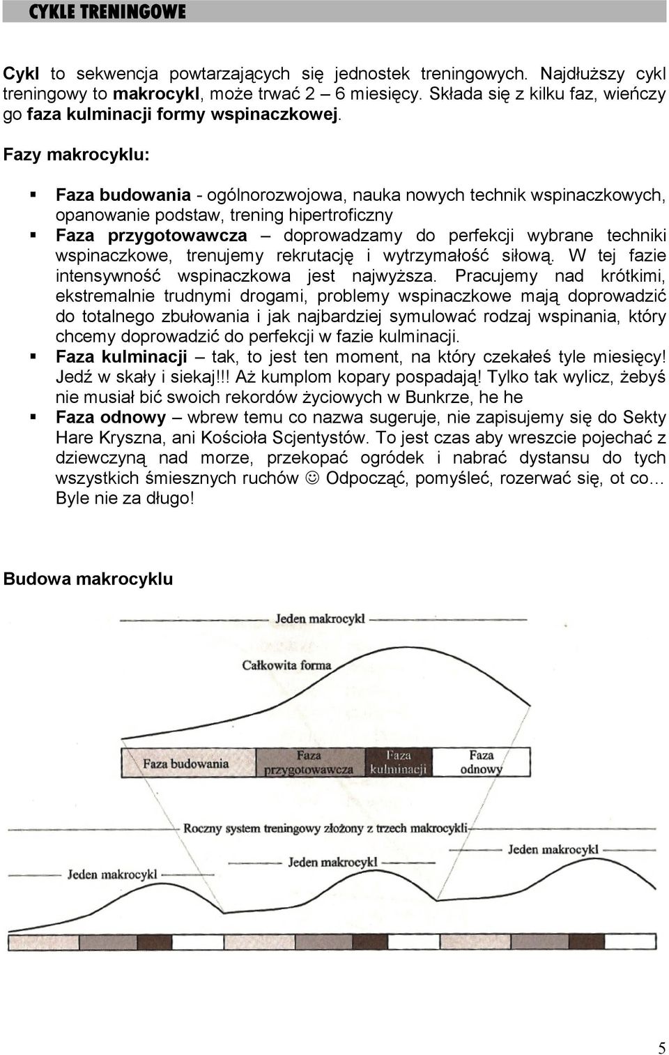 Fazy makrocyklu: Faza budowania - ogólnorozwojowa, nauka nowych technik wspinaczkowych, opanowanie podstaw, trening hipertroficzny Faza przygotowawcza doprowadzamy do perfekcji wybrane techniki