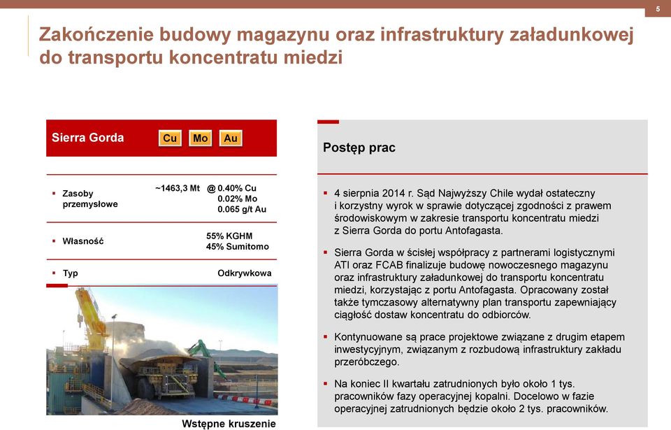 Sąd Najwyższy Chile wydał ostateczny i korzystny wyrok w sprawie dotyczącej zgodności z prawem środowiskowym w zakresie transportu koncentratu miedzi z Sierra Gorda do portu Antofagasta.