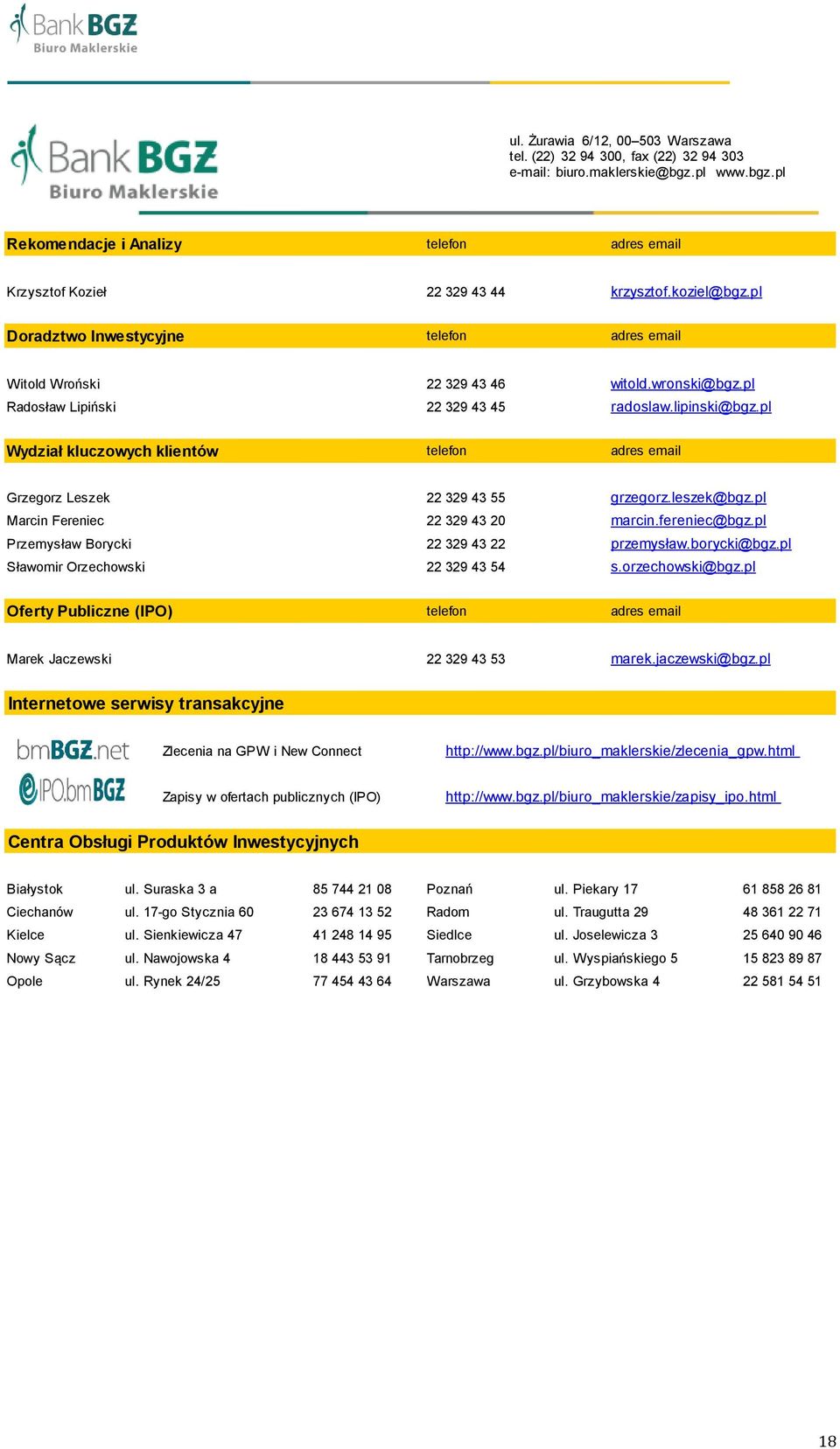 pl Wydział kluczowych klientów telefon adres email Grzegorz Leszek 22 329 43 55 grzegorz.leszek@bgz.pl Marcin Fereniec 22 329 43 20 marcin.fereniec@bgz.pl Przemysław Borycki 22 329 43 22 przemysław.