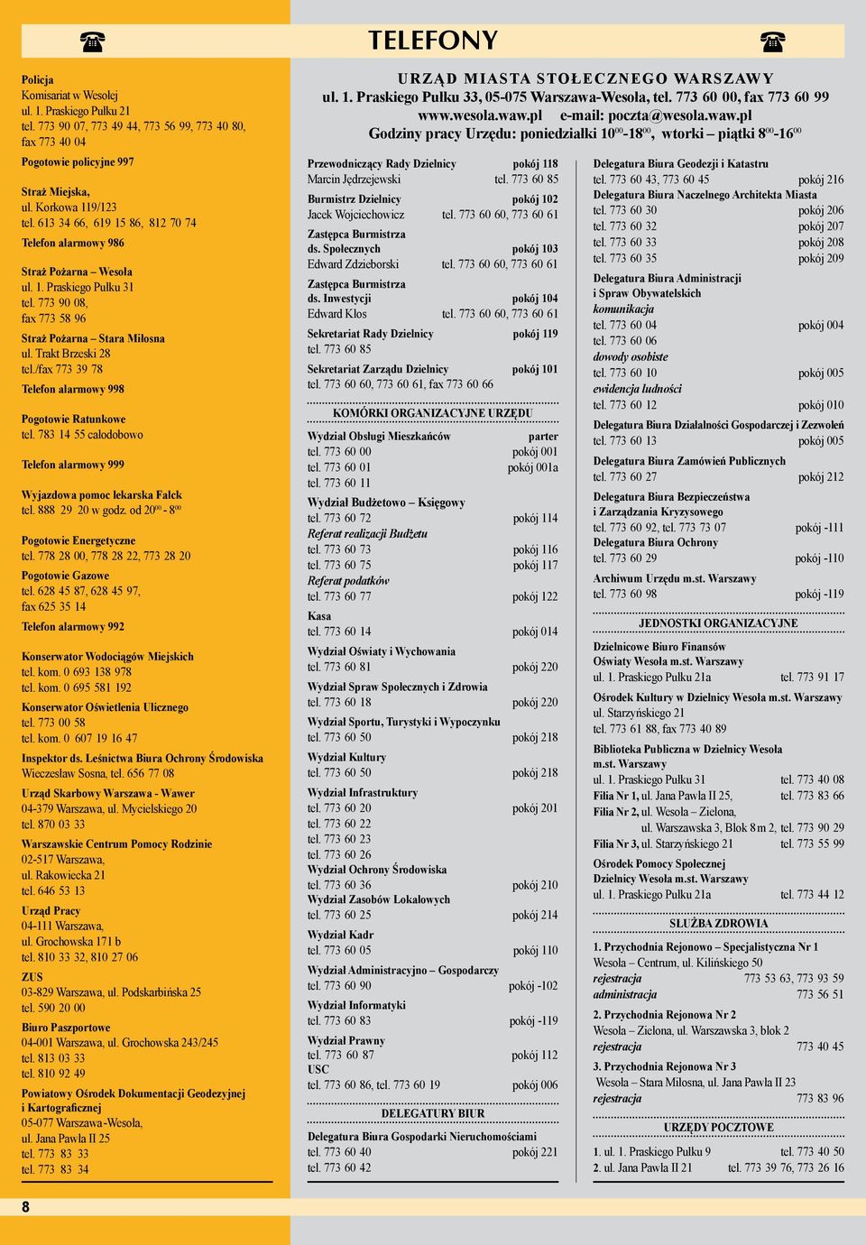 /fax 773 39 78 Telefon alarmowy 998 Pogotowie Ratunkowe tel. 783 14 55 całodobowo Telefon alarmowy 999 Wyjazdowa pomoc lekarska Falck tel. 888 29 20 w godz. od 20 00-8 00 Pogotowie Energetyczne tel.