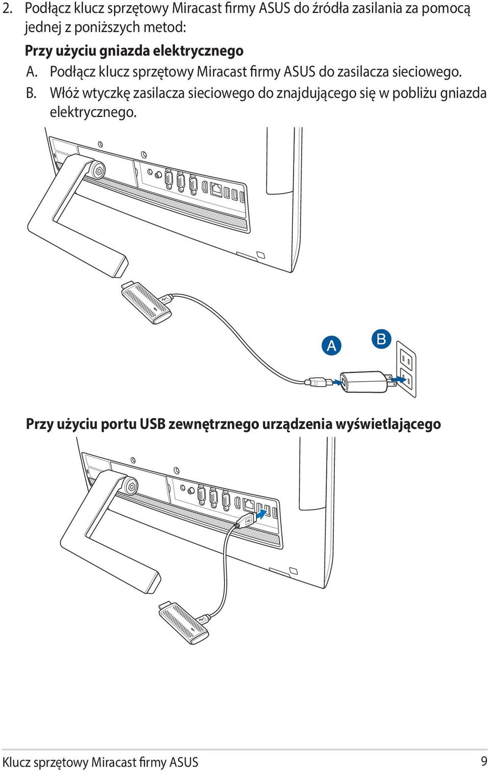 Podłącz klucz sprzętowy Miracast firmy ASUS do zasilacza sieciowego. B.