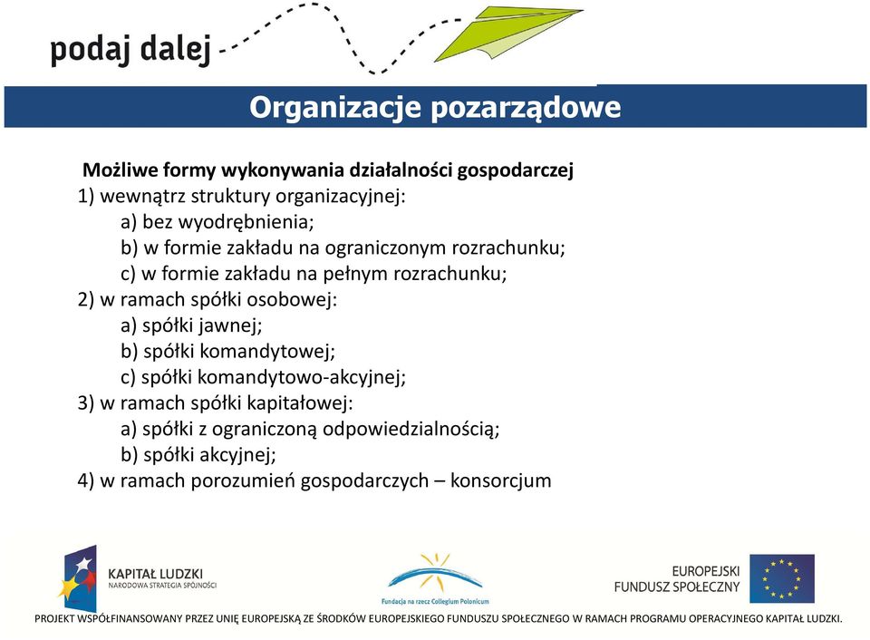 rozrachunku; 2) w ramach spółki osobowej: a) spółki jawnej; b) spółki komandytowej; c) spółki komandytowo-akcyjnej; 3) w