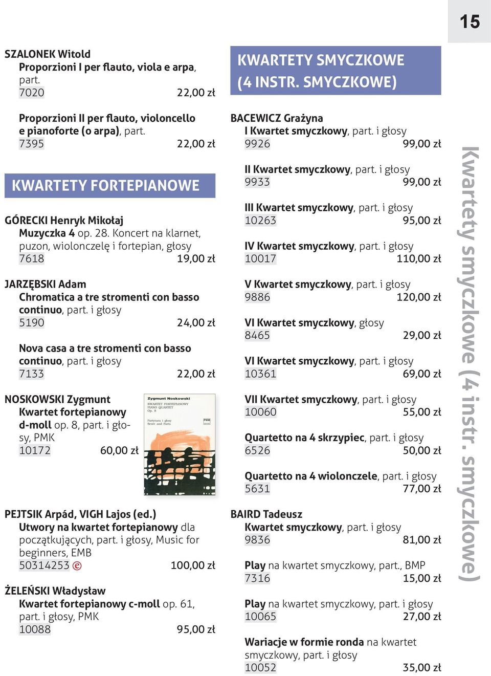 Koncert na klarnet, puzon, wiolonczelę i fortepian, głosy 7618 19,00 zł JARZĘBSKI Adam Chromatica a tre stromenti con basso continuo, 5190 24,00 zł Nova casa a tre stromenti con basso continuo, 7133