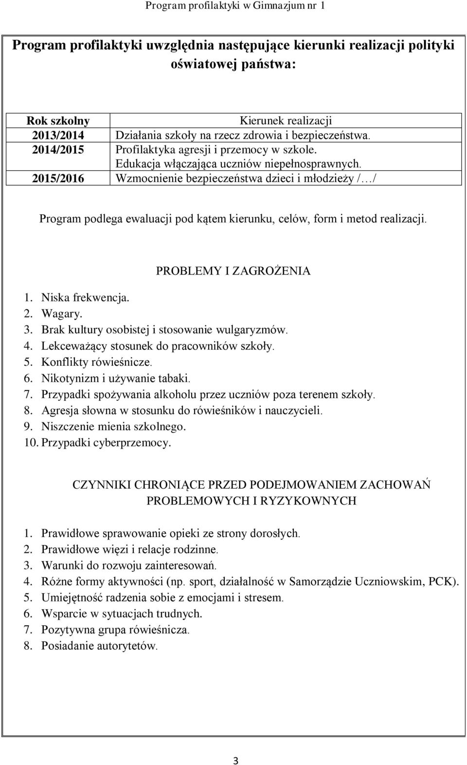 /2016 Wzmocnienie bezpieczeństwa dzieci i młodzieży / / Program podlega ewaluacji pod kątem kierunku, celów, form i metod realizacji. PROBLEMY I ZAGROŻENIA 1. Niska frekwencja. 2. Wagary. 3.