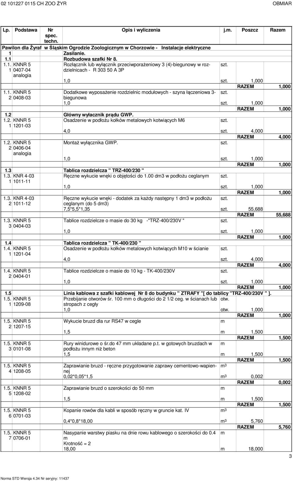 2 Główny wyłacznik prądu GWP. 1.2. KNNR 5 1 1201-03 Osadzenie w podłożu kołków etalowych kotwiących M6 1.2. KNNR 5 2 0406-04 4,0 4,000 Montaż wyłącznika GWP. 1,0 1,000 1.