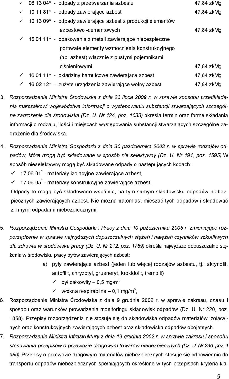 azbest) włącznie z pustymi pojemnikami ciśnieniowymi 16 01 11* - okładziny hamulcowe zawierające azbest 16 02 12* - zużyte urządzenia zawierające wolny azbest 47,84 zł/mg 47,84 zł/mg 47,84 zł/mg