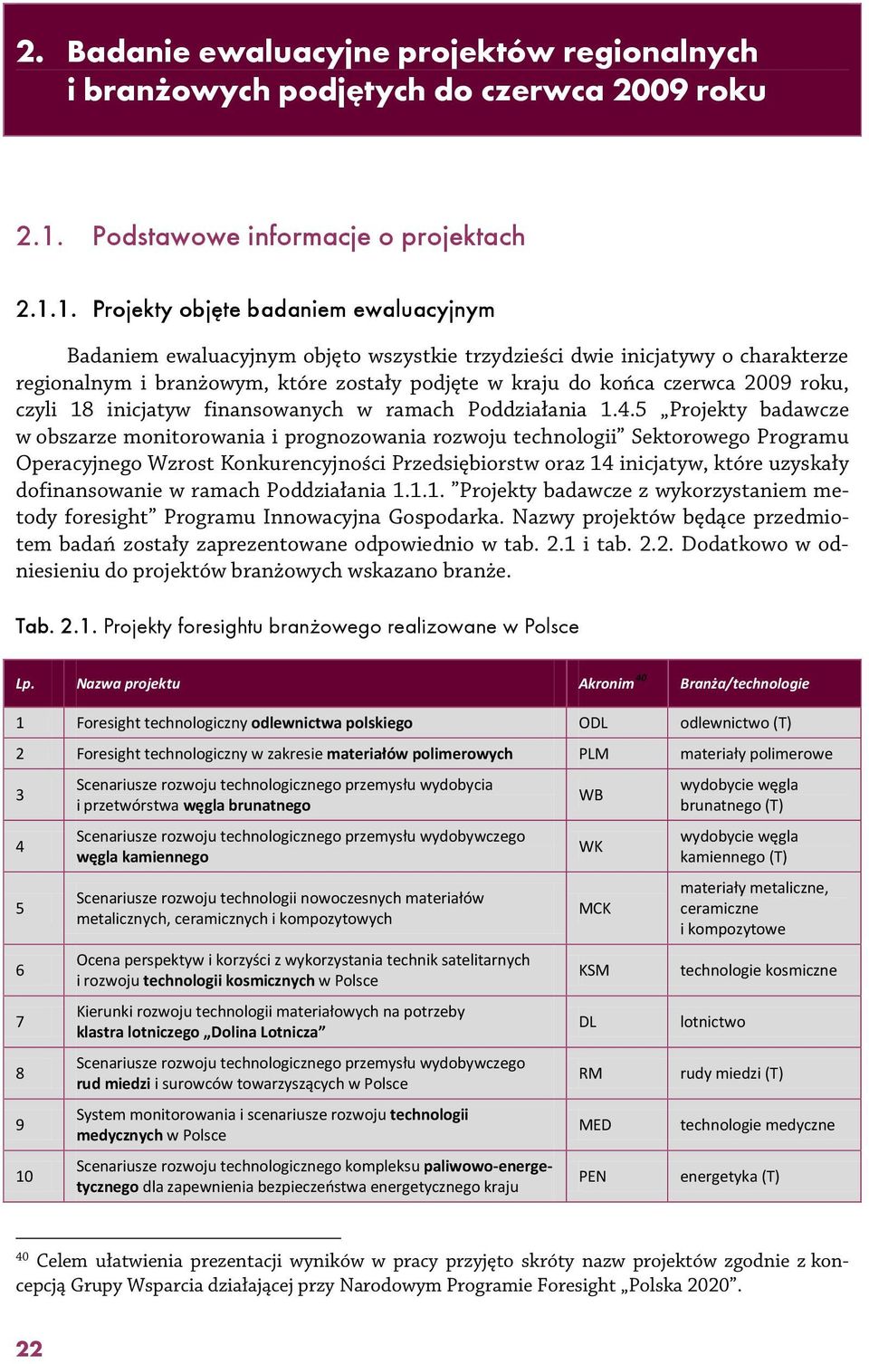 1. Projekty objęte badaniem ewaluacyjnym Badaniem ewaluacyjnym objęto wszystkie trzydzieści dwie inicjatywy o charakterze regionalnym i branżowym, które zostały podjęte w kraju do końca czerwca 2009