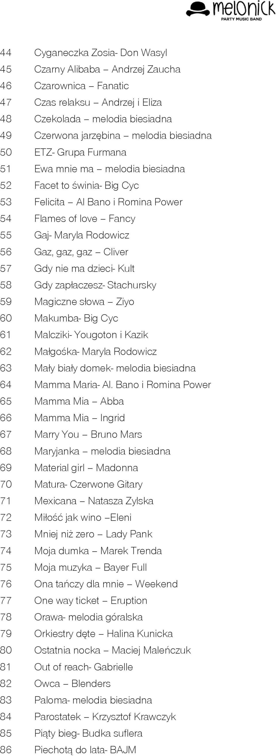 dzieci- Kult 58 Gdy zapłaczesz- Stachursky 59 Magiczne słowa Ziyo 60 Makumba- Big Cyc 61 Malcziki- Yougoton i Kazik 62 Małgośka- Maryla Rodowicz 63 Mały biały domek- melodia biesiadna 64 Mamma Maria-