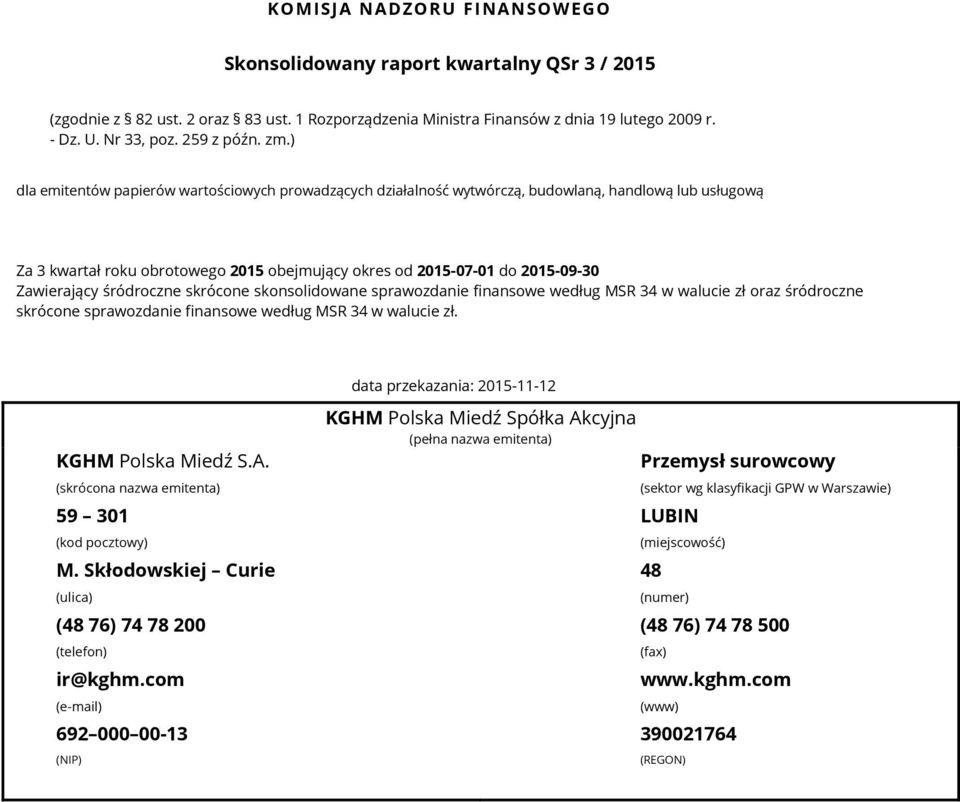 skrócone skonsolidowane sprawozdanie finansowe według MSR 34 w walucie zł oraz śródroczne skrócone sprawozdanie finansowe według MSR 34 w walucie zł. data przekazania: -11-12 KGHM Polska Miedź S.A.