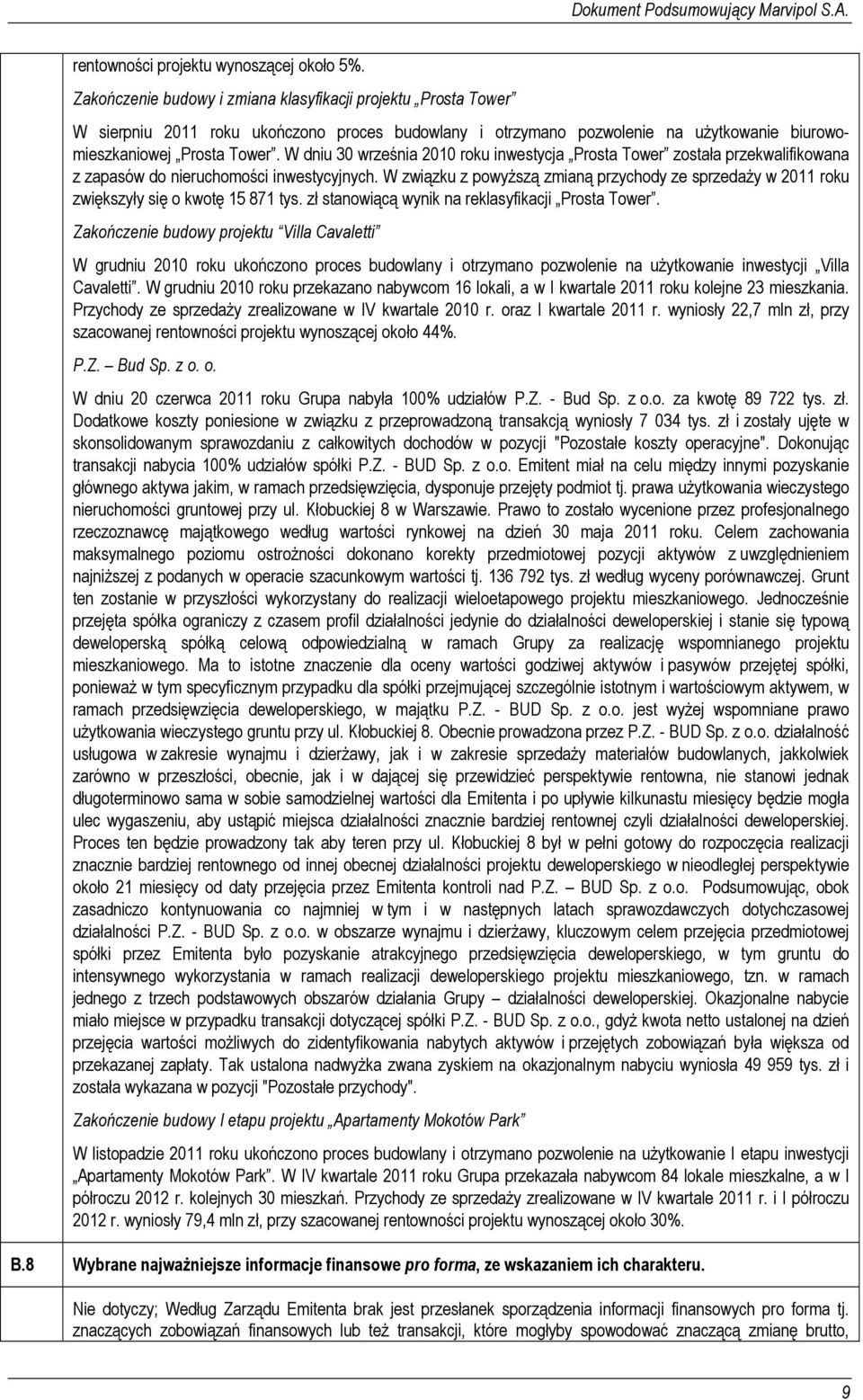 W dniu 30 września 2010 roku inwestycja Prosta Tower została przekwalifikowana z zapasów do nieruchomości inwestycyjnych.