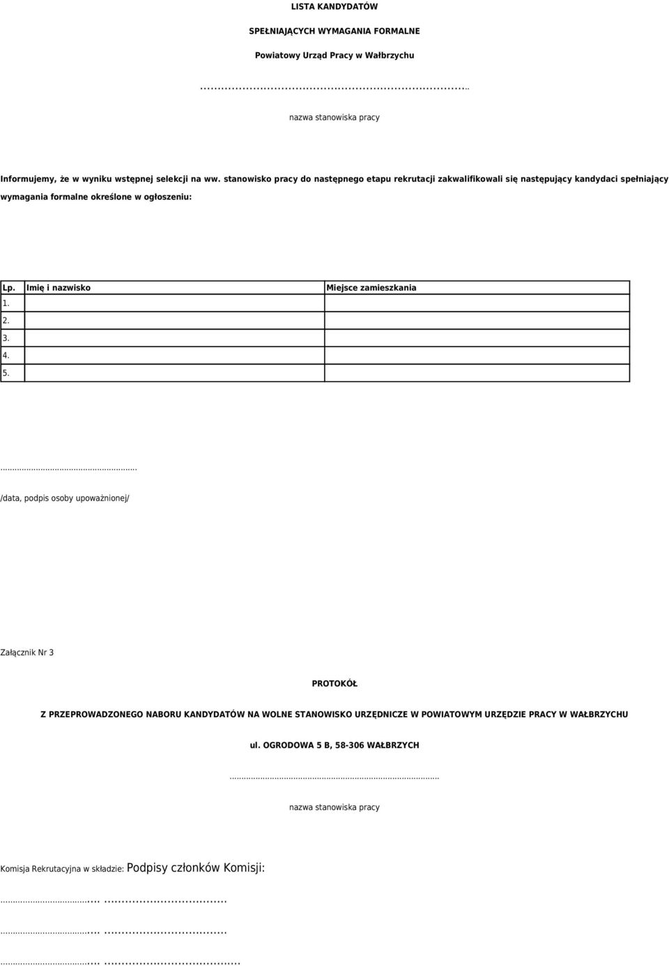 Imię i nazwisko Miejsce zamieszkania 2. 3. 4. 5.