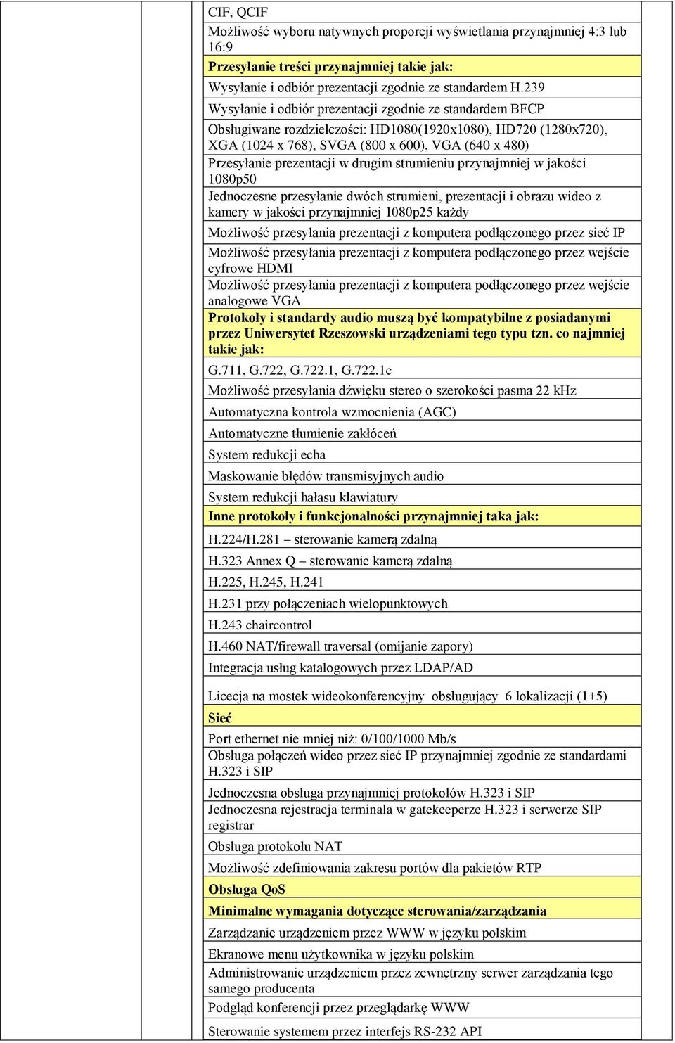 prezentacji w drugim strumieniu przynajmniej w jakości 1080p50 Jednoczesne przesyłanie dwóch strumieni, prezentacji i obrazu wideo z kamery w jakości przynajmniej 1080p25 każdy Możliwość przesyłania