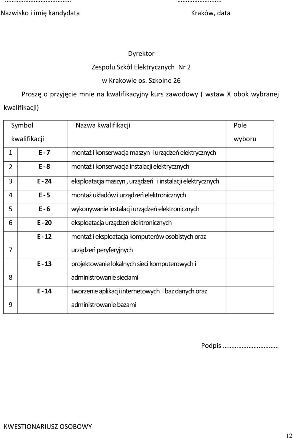 elektrycznych 2 E - 8 montaż i konserwacja instalacji elektrycznych Pole wyboru 3 E - 24 eksploatacja maszyn, urządzeń i instalacji elektrycznych 4 E - 5 montaż układów i urządzeń elektronicznych 5 E