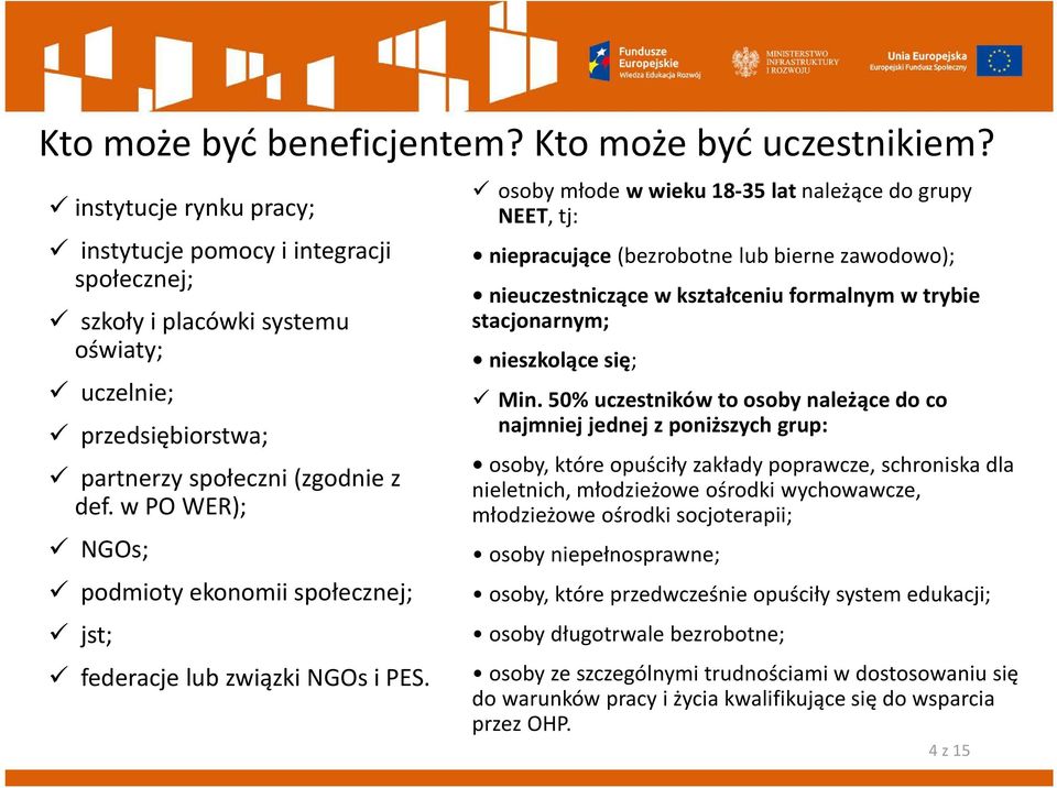 w PO WER); NGOs; podmioty ekonomii społecznej; jst; federacje lub związki NGOs i PES.