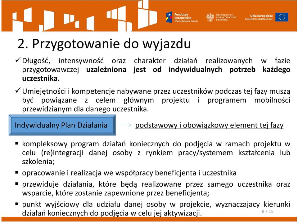 Indywidualny Plan Działania podstawowy i obowiązkowy element tej fazy kompleksowy program działań koniecznych do podjęcia w ramach projektu w celu (re)integracji danej osoby z rynkiem pracy/systemem