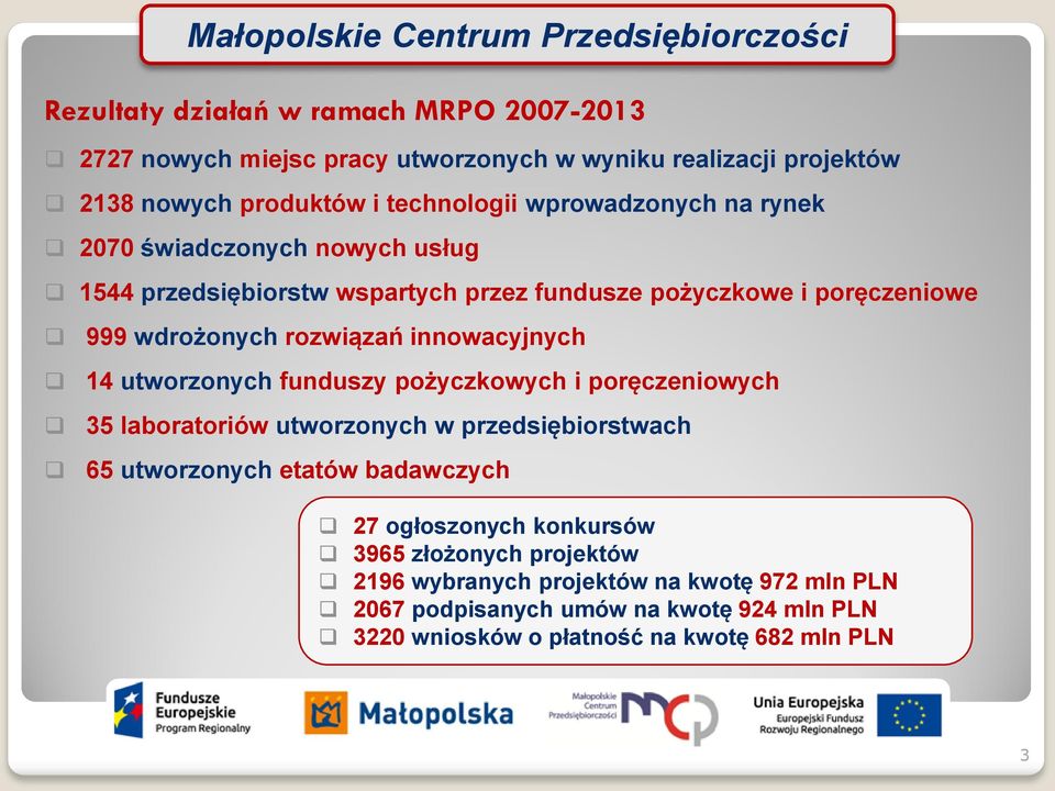 rozwiązań innowacyjnych 14 utworzonych funduszy pożyczkowych i poręczeniowych 35 laboratoriów utworzonych w przedsiębiorstwach 65 utworzonych etatów badawczych 27