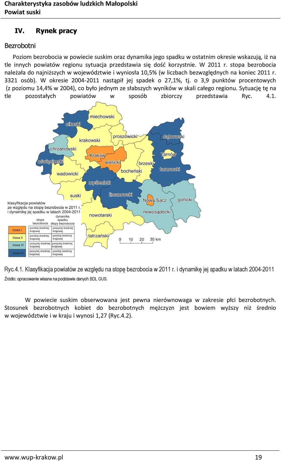 o 3,9 punktów procentowych (z poziomu 14,4% w 2004), co było jednym ze słabszych wyników w skali całego regionu. Sytuację tę na tle pozostałych powiatów w sposób zbiorczy przedstawia Ryc. 4.1. Ryc.4.1. Klasyfikacja powiatów ze względu na stopę bezrobocia w 2011 r.