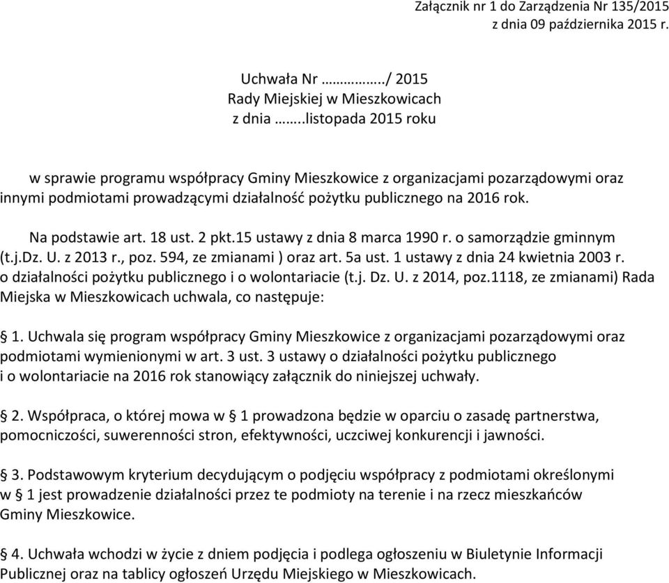 18 ust. 2 pkt.15 ustawy z dnia 8 marca 1990 r. o samorządzie gminnym (t.j.dz. U. z 2013 r., poz. 594, ze zmianami ) oraz art. 5a ust. 1 ustawy z dnia 24 kwietnia 2003 r.