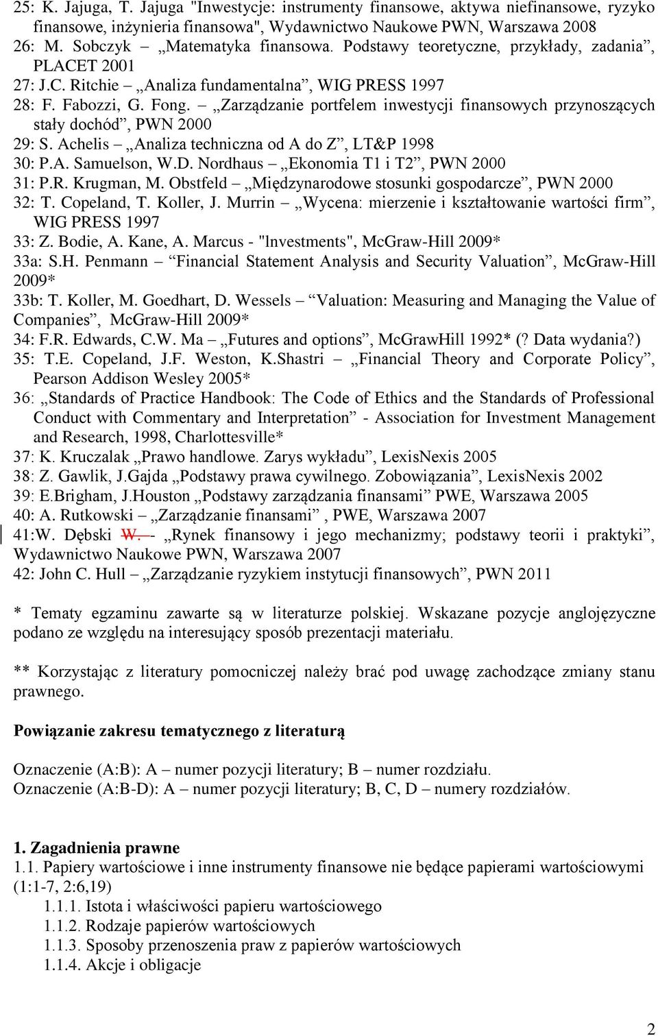 Zarządzanie portfelem inwestycji finansowych przynoszących stały dochód, PWN 2000 29: S. Achelis Analiza techniczna od A do Z, LT&P 1998 30: P.A. Samuelson, W.D.