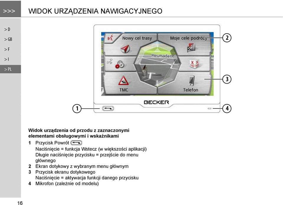 większości aplikacji) Długie naciśnięcie przycisku = przejście do menu głównego 2 Ekran dotykowy z wybranym