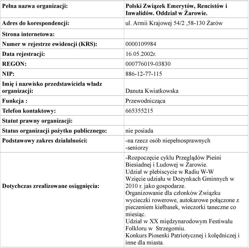 Pieśni Biesiadnej i Ludowej w Żarowie. Udział w plebiscycie w Radiu W-W Wzięcie udziału w Dożynkach Gminnych w 2010 r. jako gospodarze.