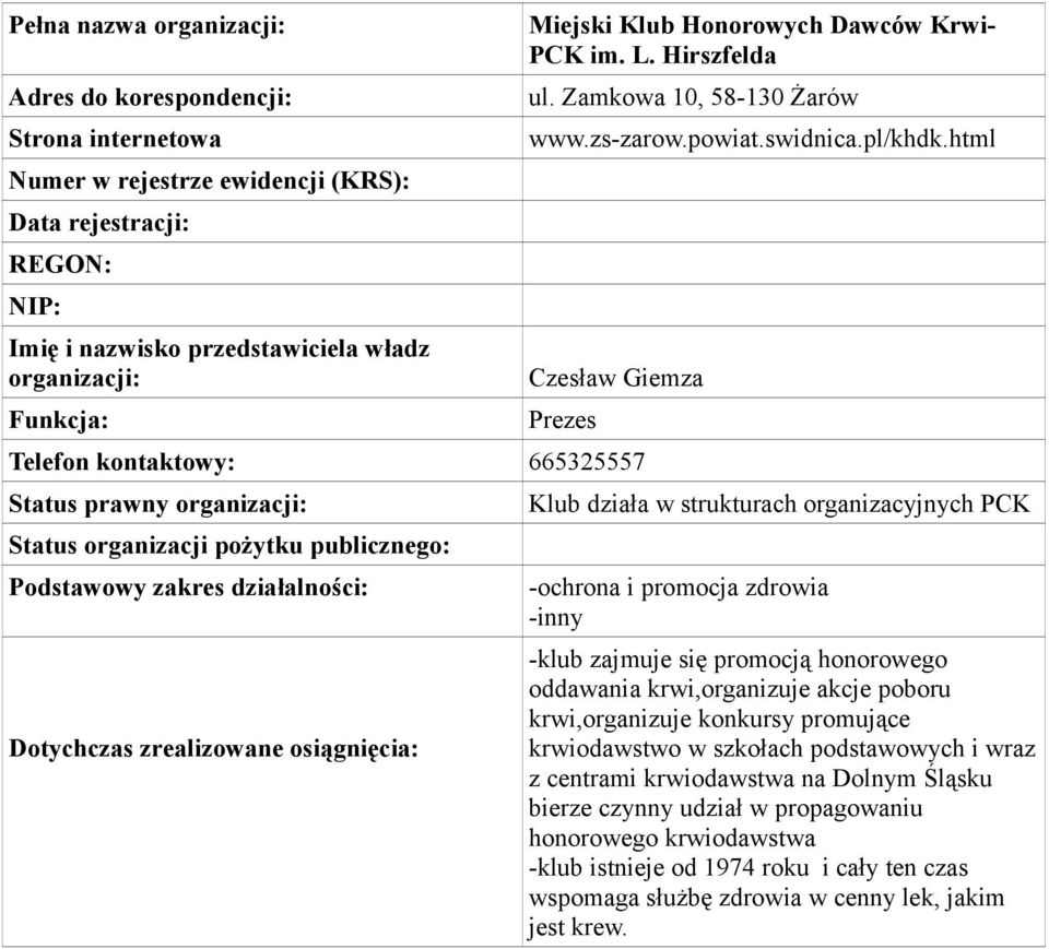 html Czesław Giemza 665325557 Status prawny Klub działa w strukturach organizacyjnych PCK -ochrona i promocja zdrowia -inny -klub zajmuje się promocją honorowego oddawania