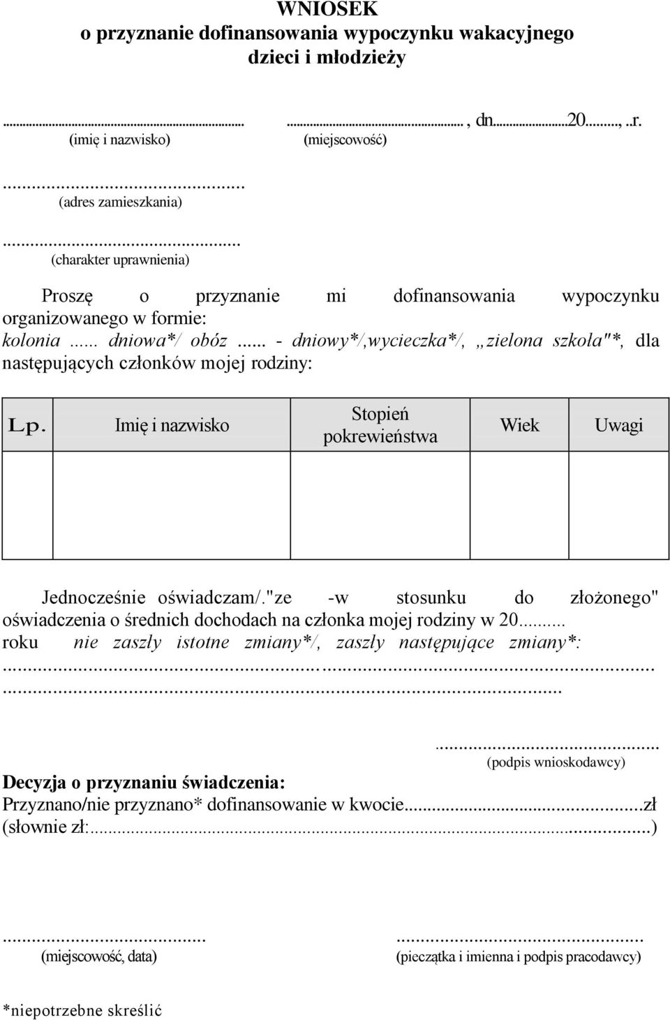 .. - dniowy*/,wycieczka*/, zielona szkoła"*, dla następujących członków mojej rodziny: Lp. Imię i nazwisko Stopień pokrewieństwa Wiek Uwagi Jednocześnie oświadczam/.