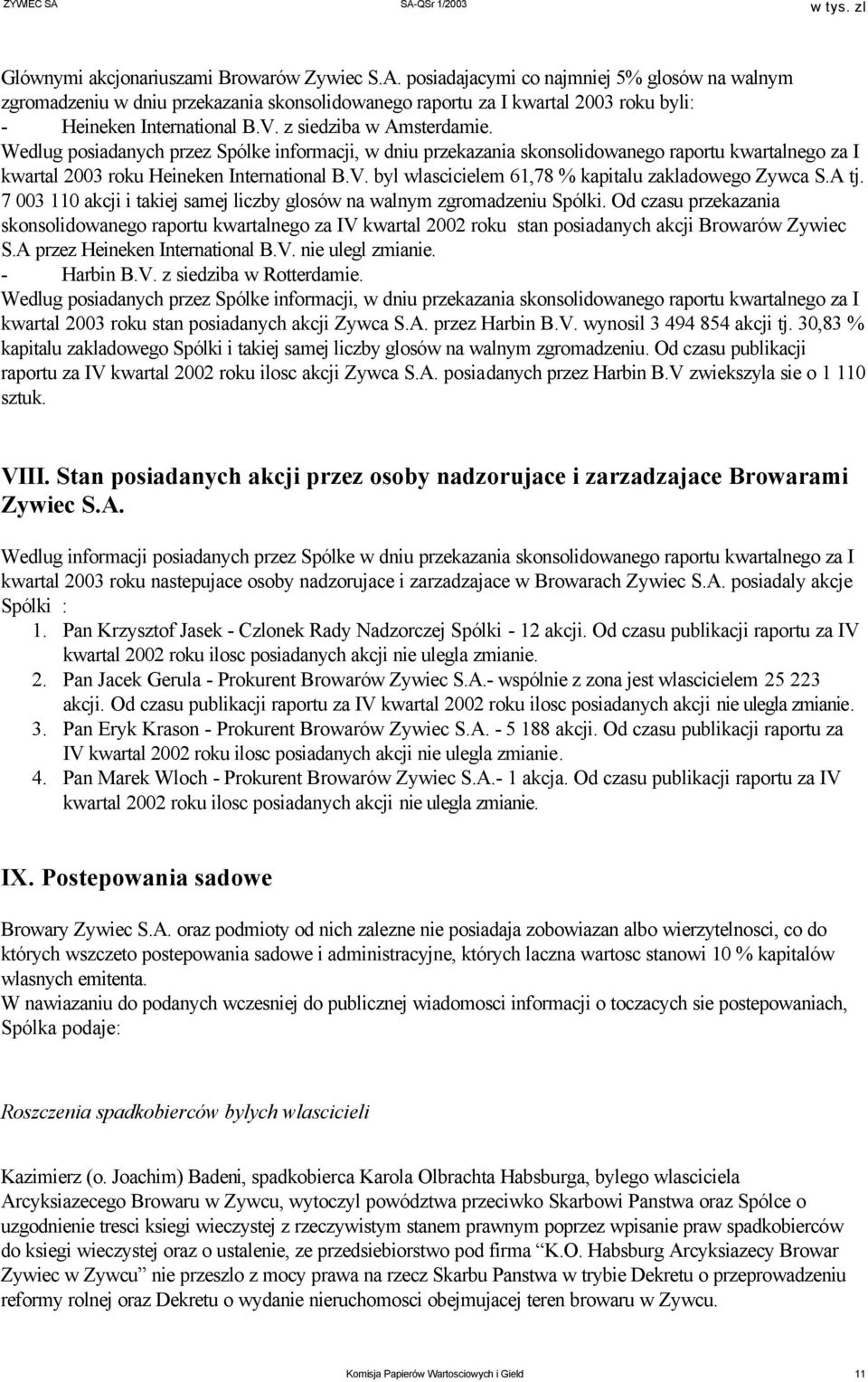 Wedlug posiadanych przez Spólke informacji, w dniu przekazania skonsolidowanego raportu kwartalnego za I kwartal 2003 roku Heineken International B.V.