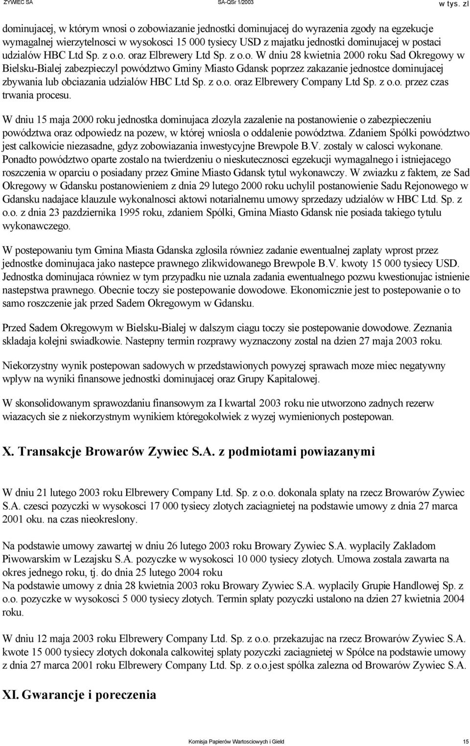 o. oraz Elbrewery Ltd Sp. z o.o. W dniu 28 kwietnia 2000 roku Sad Okregowy w Bielsku-Bialej zabezpieczyl powództwo Gminy Miasto Gdansk poprzez zakazanie jednostce dominujacej zbywania lub obciazania o.