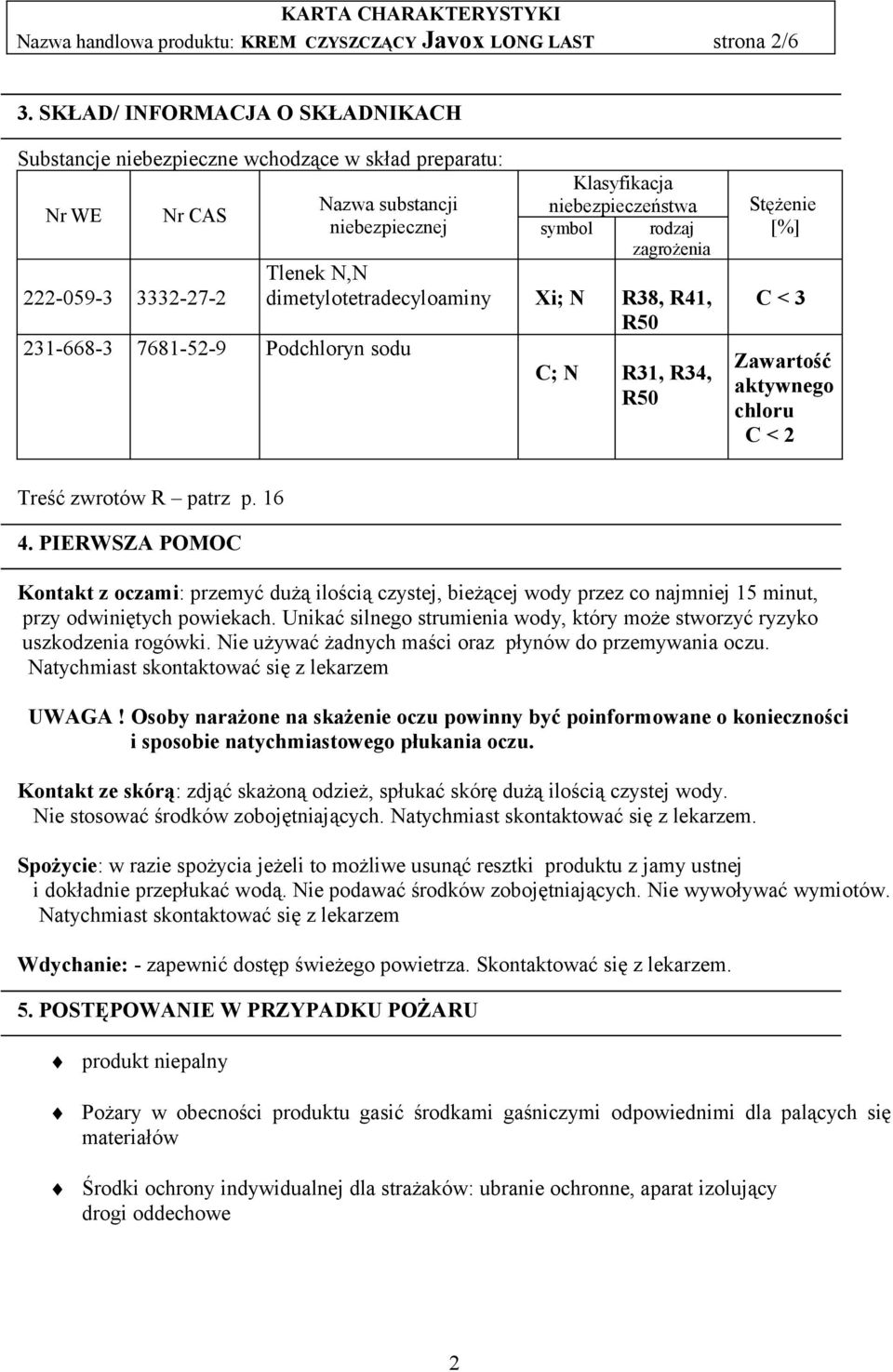 niebezpieczeństwa symbol rodzaj zagrożenia Tlenek N,N dimetylotetradecyloaminy Xi; N R38, R41, R50 C; N R31, R34, R50 Stężenie [%] C < 3 Zawartość aktywnego chloru C < 2 Treść zwrotów R patrz p. 16 4.