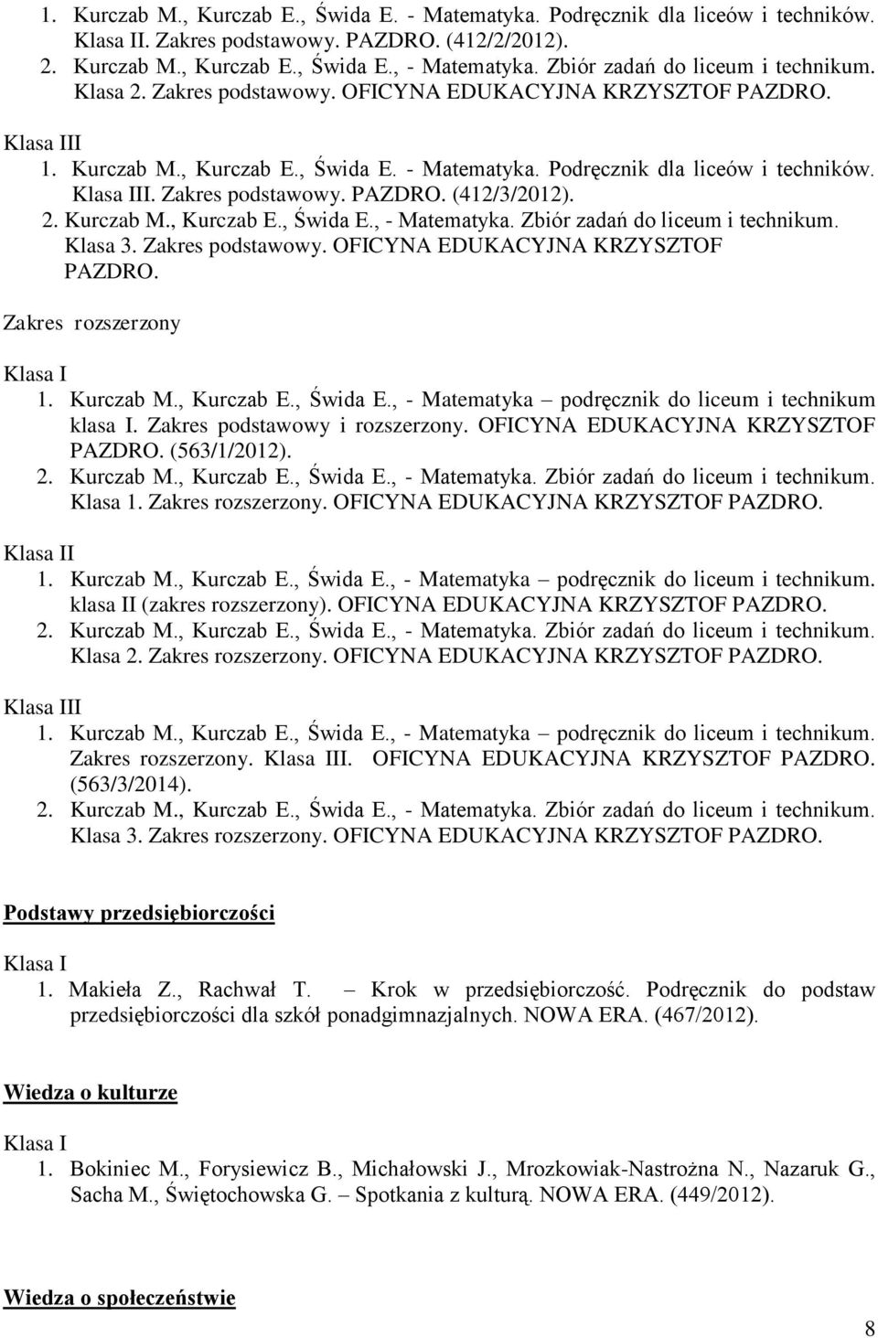 Klasa 1.. OFICYNA EDUKACYJNA KRZYSZTOF PAZDRO. I 1. Kurczab M., Kurczab E., Świda E., - Matematyka podręcznik do liceum i technikum. klasa II (zakres rozszerzony). OFICYNA EDUKACYJNA KRZYSZTOF PAZDRO. Klasa 2.