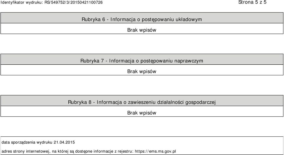 działalności gospodarczej data sporządzenia wydruku 21.04.