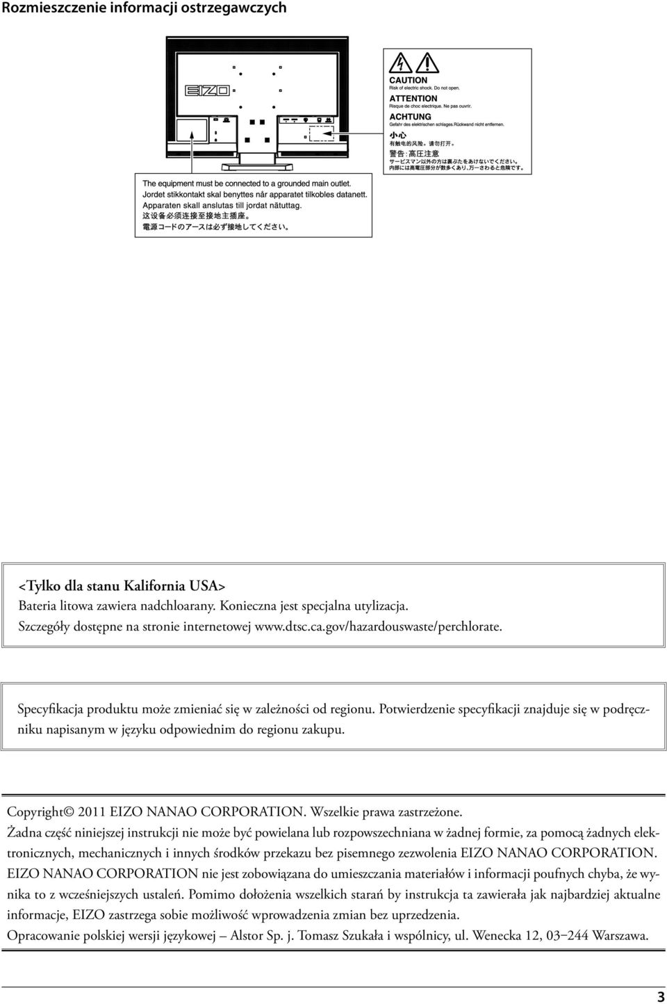 Potwierdzenie specyfikacji znajduje się w podręczniku napisanym w języku odpowiednim do regionu zakupu. Copyright 2011 EIZO NANAO CORPORATION. Wszelkie prawa zastrzeżone.