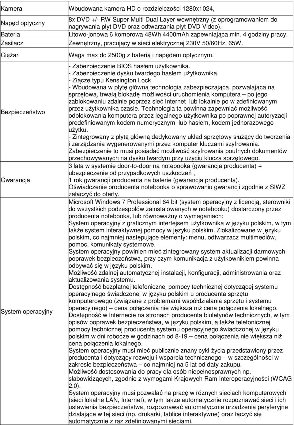 CięŜar Bezpieczeństwo Gwarancja System operacyjny Waga max do 2500g z baterią i napędem optycznym. - Zabezpieczenie BIOS hasłem uŝytkownika. - Zabezpieczenie dysku twardego hasłem uŝytkownika.