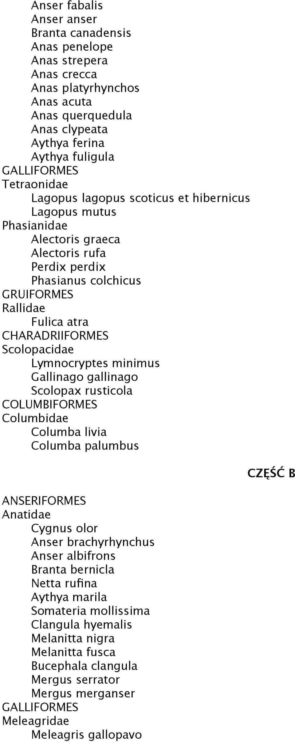 Lymnocryptes minimus Gallinago gallinago Scolopax rusticola COLUMBIFORMES Columbidae Columba livia Columba palumbus ANSERIFORMES Anatidae Cygnus olor Anser brachyrhynchus Anser albifrons Branta