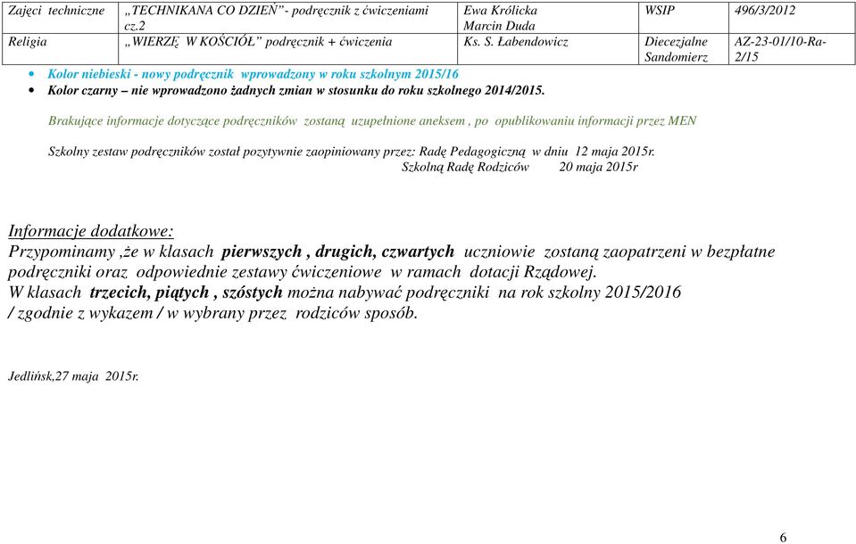 Brakujące informacje dotyczące podręczników zostaną uzupełnione aneksem, po opublikowaniu informacji przez MEN Szkolny zestaw podręczników został pozytywnie zaopiniowany przez: Radę Pedagogiczną w