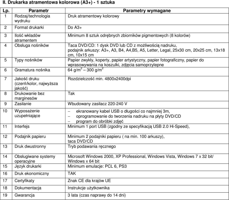 nośników Papier zwykły, koperty, papier artystyczny, papier fotograficzny, papier do wprasowywania na koszulki, zdjęcia samoprzylepne 6 Gramatura nośnika 64 g/m 2 300 g/m 2 7 Jakość druku